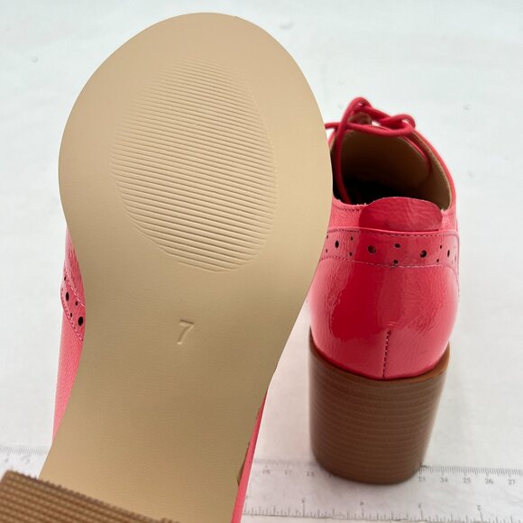 FOWT Pink Women's Perforated Lace-Up Oxfords Almond Toe Mid Chunky Heel Shoes - Picture 6 of 8